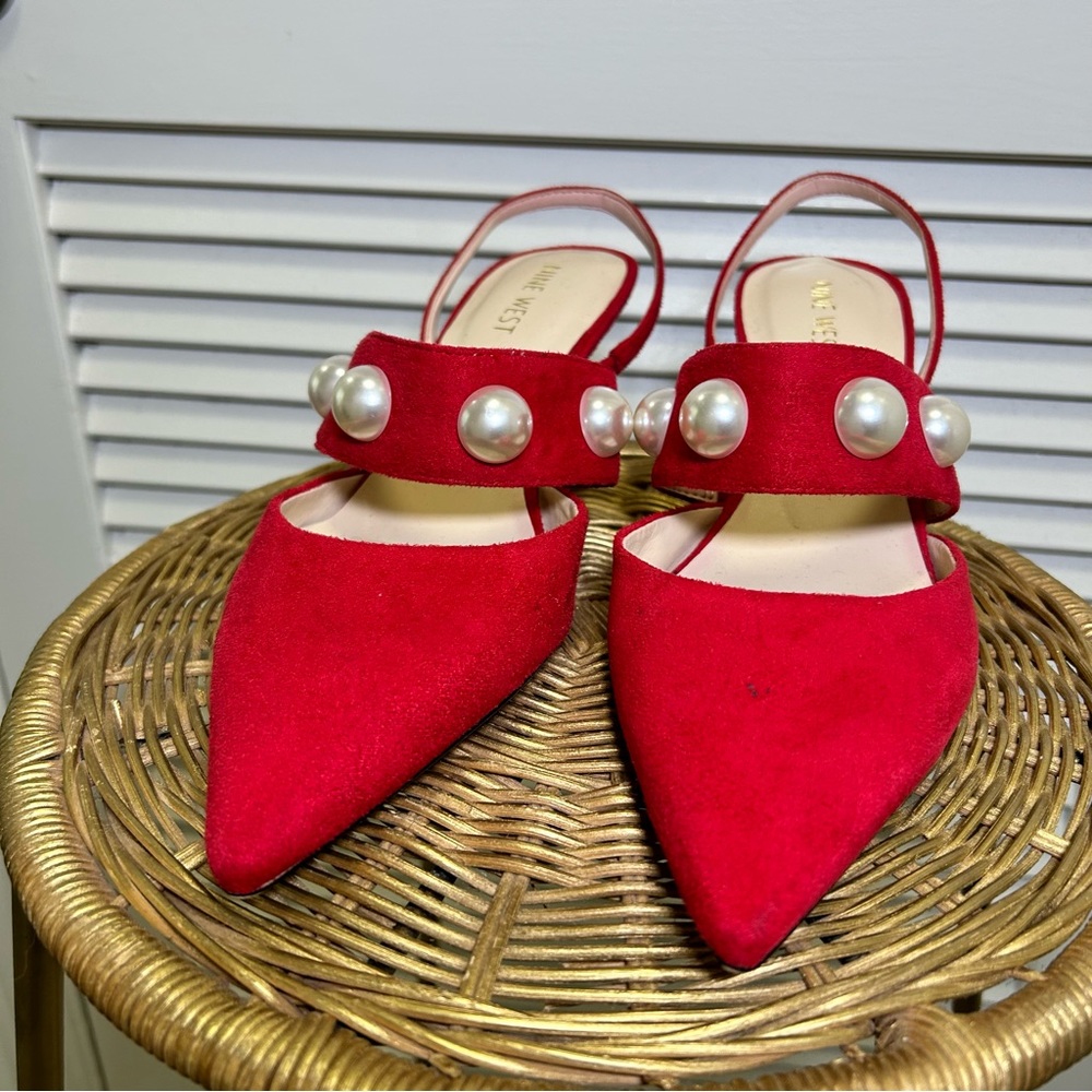 Red Nine West Ariene  Pointed Toe Slingback with White Pearls Pumps Size 9